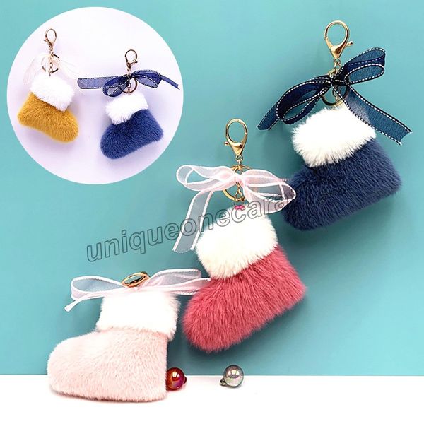 

christmas boots keychain faux fur key chain cute bow bag pendant key holder cartoon plush car key ring women gift accessories, Slivery;golden