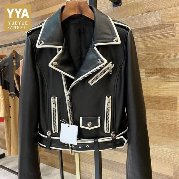 

women's leather & faux women short real biker jacket streetwear slim sheepskin coat elegant office zipper full sleeve ladies outerwear, Black
