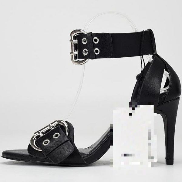 

sandals gliruis summer's latest simple fashion thin heels high double rivet belt buckle street women's black open toe