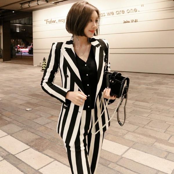 

winter women suit office lady striped two piece pant set formal double-breasted coat+ol work suits women's pants, White