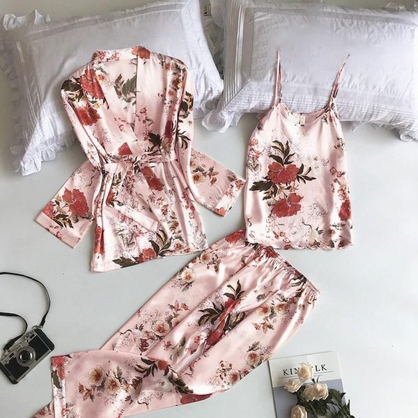 

3 pieces pyjama set robes women sleepwear spring summer silk pajamas sets satin sleep suit cute nightwear home clothes, Black;red
