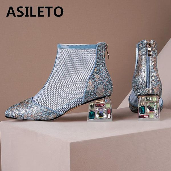 

women rhinestone designer high heel boots pointed toe net mesh zip buckle short breathable summer fashion a4043, Black