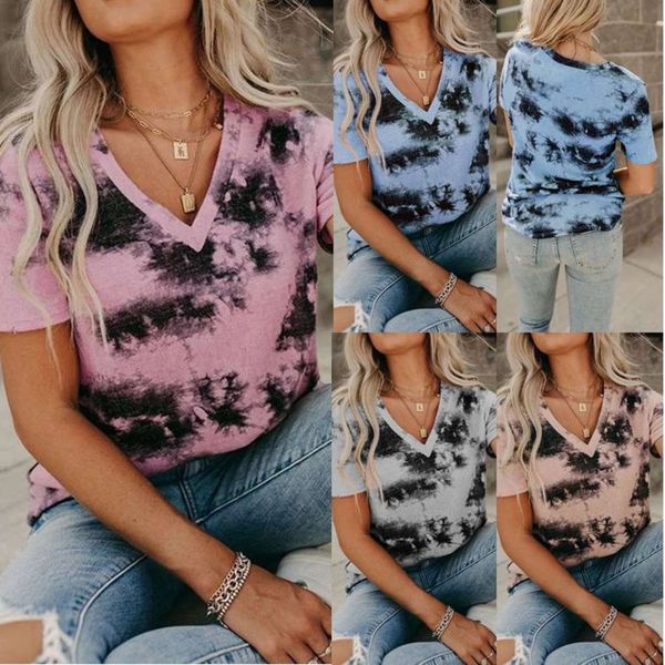 

women's t-shirt 2021 tie dye printed v-neck short sleeve lov z4wm, White