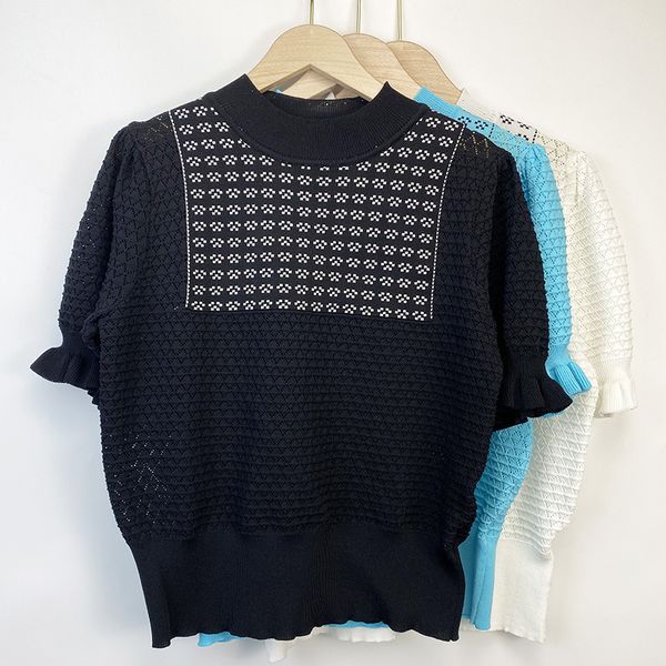 

320 2021 Summer Brand Same Style Short Sleeve Blue White Black Crew Neck Kint Sweater Women Clothes QIAN