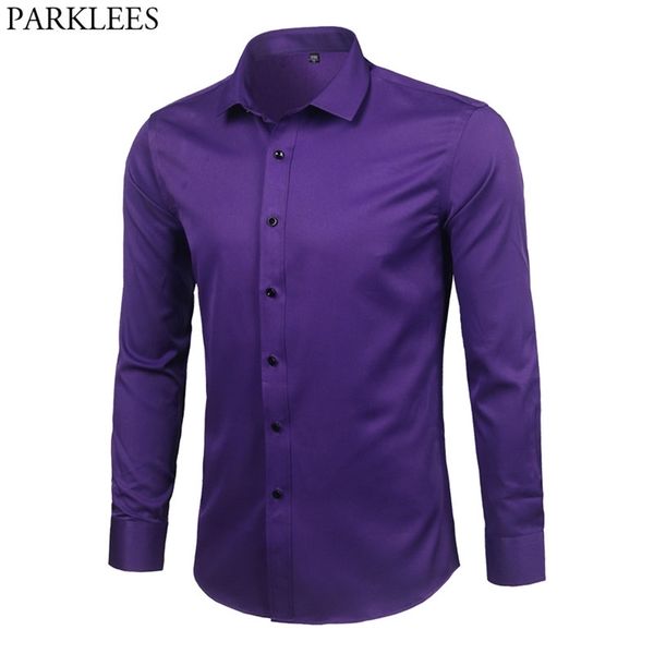 Camicia elegante in fibra di bambù da uomo viola Marca Slim Fit manica lunga Chemise Homme Non stirare Easy Care formale per uomo 210809