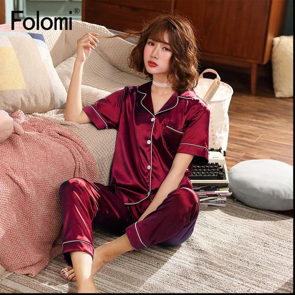 

silk pajamas set two piece women sleepwear solid short sleeves nightwear, Black;red