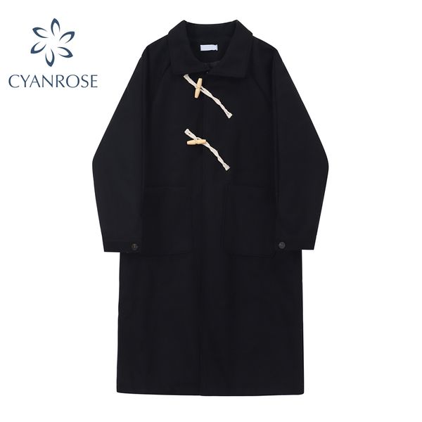 

autumn winter wool blend women korean fashion black long coats turn down collar button vintage pockets casual woolen overcoat 210417