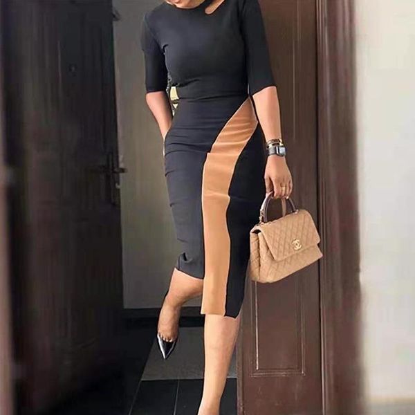 

casual dresses elegant women summer dress contrast irregular hollow out collar half sleeve slim fit knee office lady vintage fashion, Black;gray