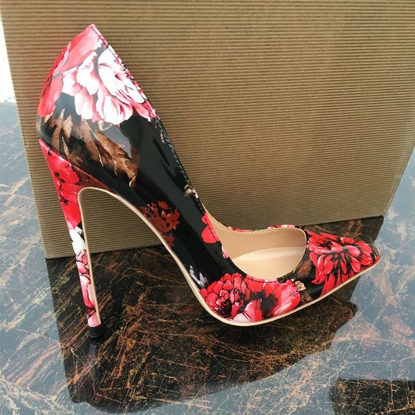 

dress shoes tikicup gothic floral print women patent pointed toe high heel lady designer stiletto pumps plus size 42 43 44 45, Black