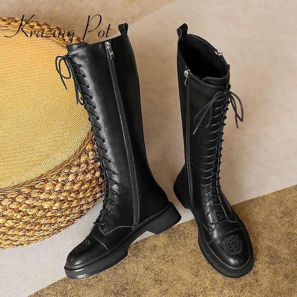 

boots krazing pot limited customization cow split leather round toe med heel print cross-tied cozy thigh l58, Black