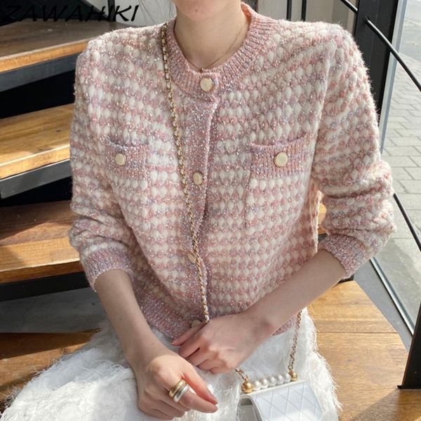 

women's knits & tees zawahiki chic french temperament round neck single-breasted loose long sleeve tweed cardigan short striped sweate, White