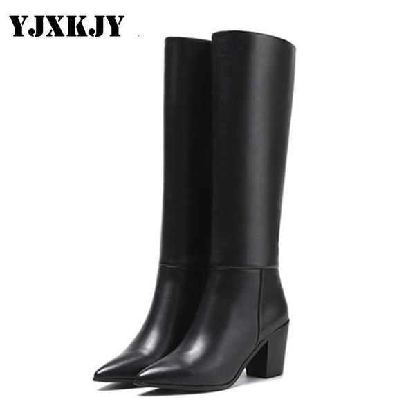

boots yjxkjy ladies full natural cowhide leather knee high women 's warm winter fur shoes thick heel straight knight, Black