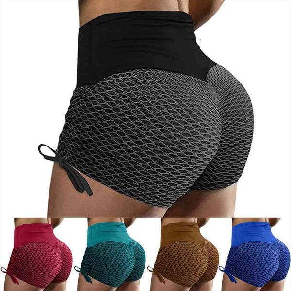 

4 seamless drawstring pure color womens legging strap super short pants high waist push up workout gym leggins, Black