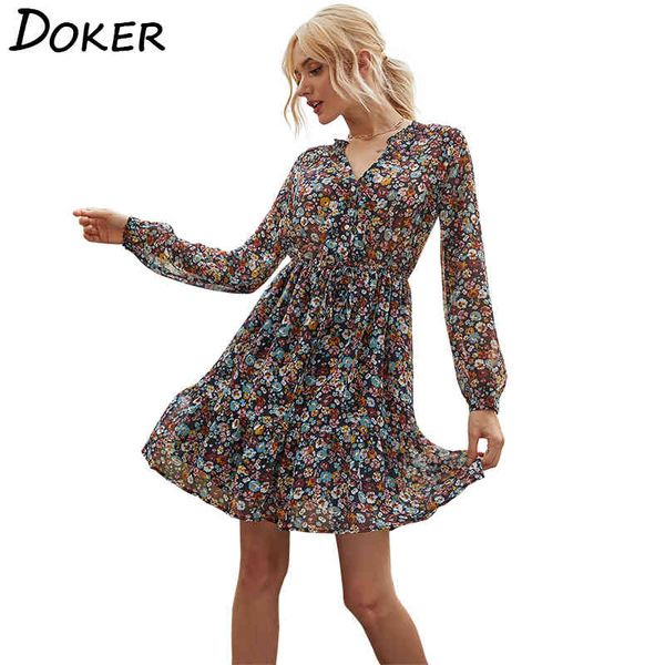 

floral print chiffon dress women v neck long sleeve casual boho beach ruffle dress elegant party ladies mini dresses vestidos 210423, Black;gray