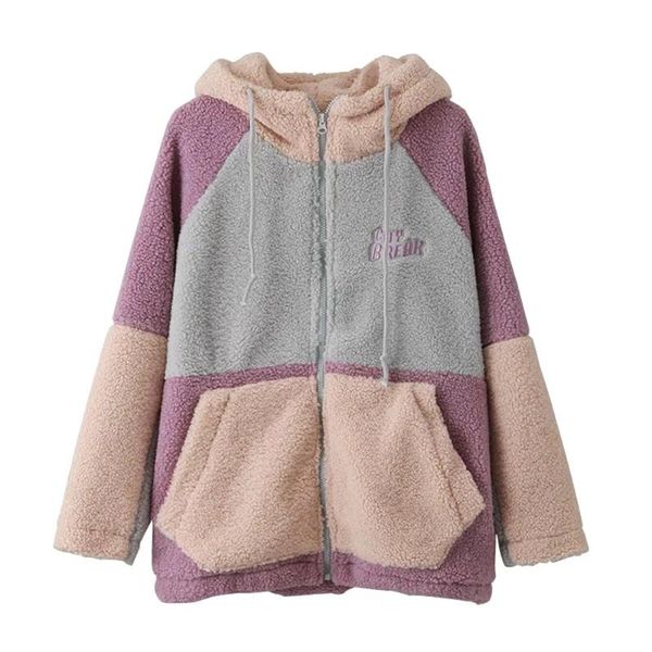 

women's jackets bbwm 2021 autumn women hooded collar loose pockets coat fashion ladies patchwork lamb wool female chic outwear, Black;brown