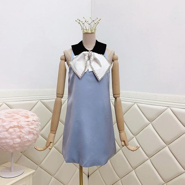 

casual dresses blue bow diamond trimming sleeveless dress 2021 summer doll collar french sweet women 0327, Black;gray