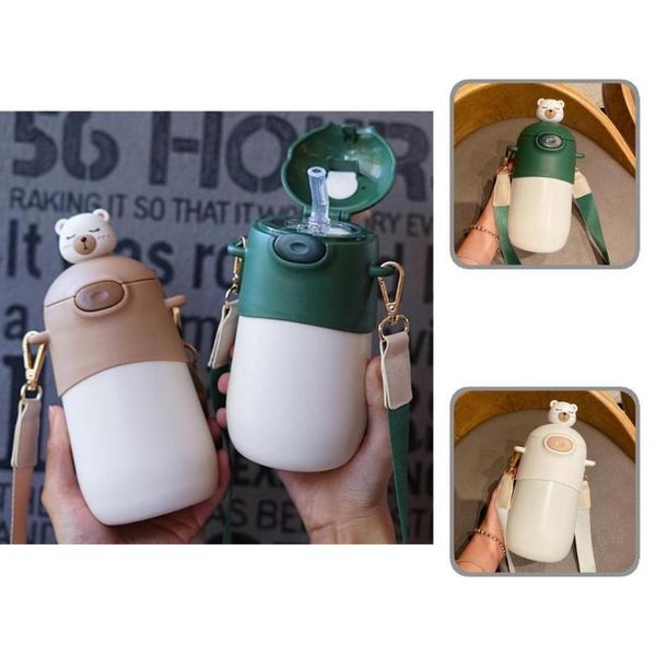 

water bottles silicone straw 500ml cute lovely airtight vacuum cups anti-slip bottom flask food grade for daily use