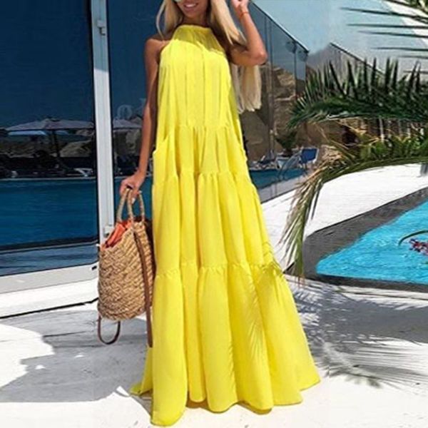 

plus size zanzea women sundress 2021 summer elegant halter neck maxi ruffles dress female beach dresses sarafans casual vestidos, Black;gray