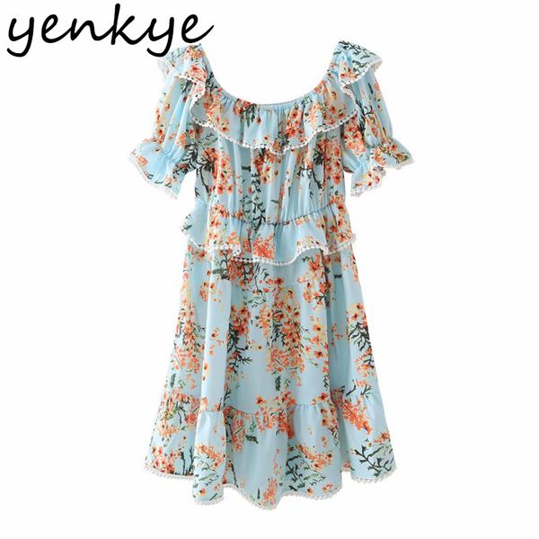 

floral print off shoulder dress women short sleeve ruffle sundress female holiday casual boho summer vestido 210430, Black;gray