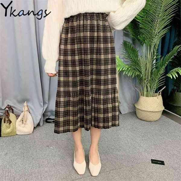 

women's skirt winter warm long s office ladies plaid pleated korean style loose elastic waist plus size 210421, Black