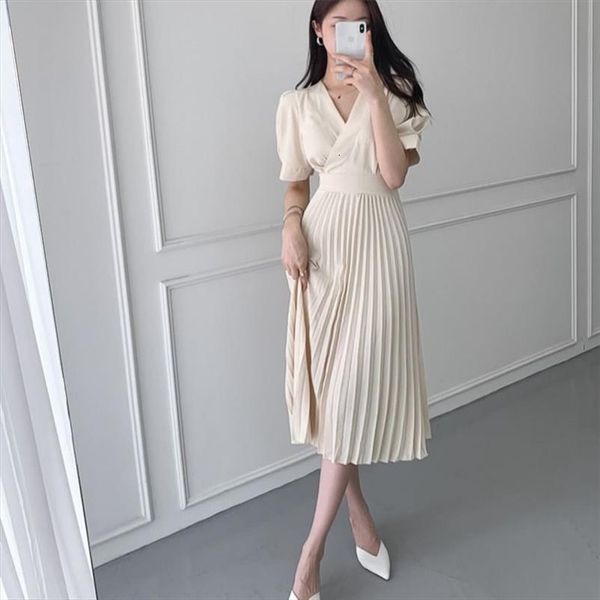 

solid korean pleated womens dresses puff sleeve v neck bow lace up summer long midi party elegant office lady high, Black;gray