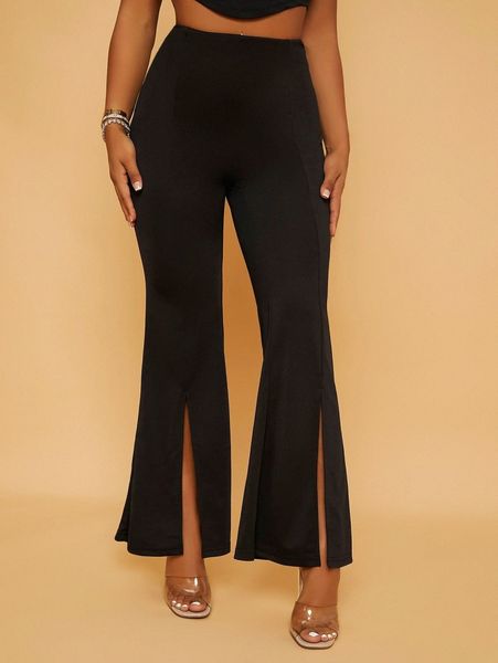 

high waist slit hem flare leg pants k0re#, Black;white