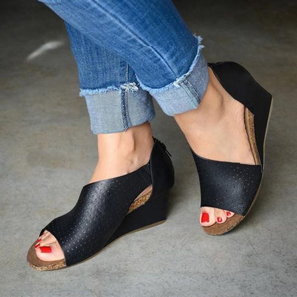 

dress shoes wedges for women heels fashion shallow mouth peep toe beach casual roman sandals low walking shoe, Black