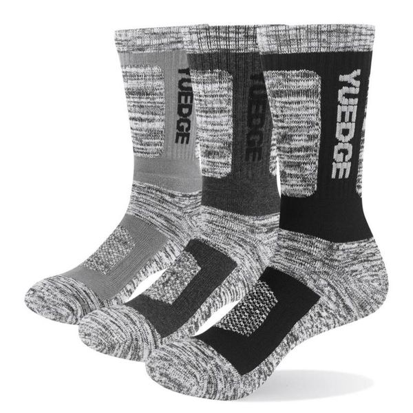 

sports socks yuedge 3 pairs men's outdoor riding climbing comfort cotton cushion hiking moisture wicking work crew dress, Black