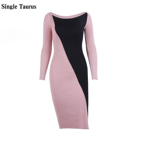 

casual dresses stitching color female kint dress long sleeve korean high waist streetwear lady blue women slash neck bodycon sweater, Black;gray