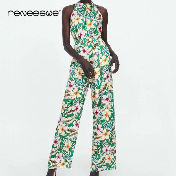 

women's jumpsuits & rompers summer floral print for women 2021 sashes high waist pleated open back ladies overalls female, Black;white
