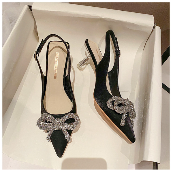 

high heels women sandals shoes bow spring/summer 2021 new temperament crystal diamond colorful cloth casual shoes, Black