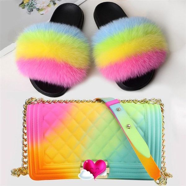 

women fluffy fur plush slippers female colorful jelly shoulder bag shoes sets ladies real slides candy crossbody handbag, Black