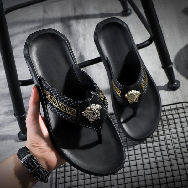 

2021 summer men slippers male fashion flat slides men's soft bottom comfortable non-slip flip-flops sandals beach shoes 39-44, Black