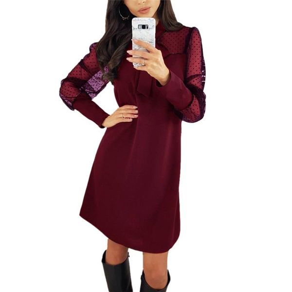 

fashion womens solid bow mesh sheer puff long sleeve loose ladies evening party mini dress casual dresses, Black;gray