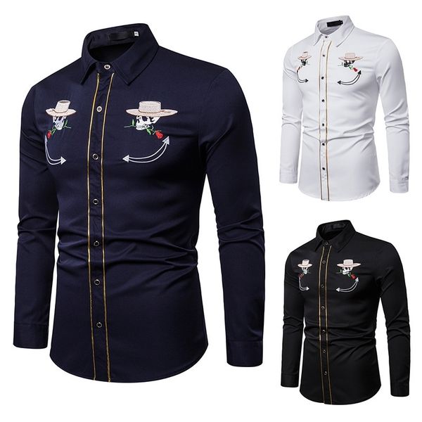 

men's fashion western style rose skull embroidered long sleeve shirt a50, Black