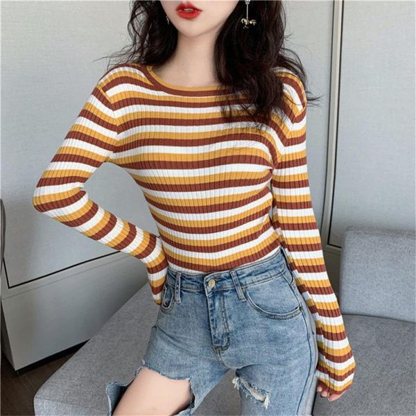 

women's sweaters korean fashion striped sweater 2021 spring autumn o neck long sleeve bottoming shirt slim knitted female, White;black