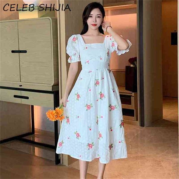 Verão mulher vestido quadrado colarinho sopro manga rosa floral bordado branco maxi vestidos feminino design de pista 210603