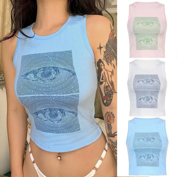 

women's tanks & camis y2k harajuku gothic tank e-girl aesthetic sleeveless cropped tee punk style vintage eyes printed vest women summe, White