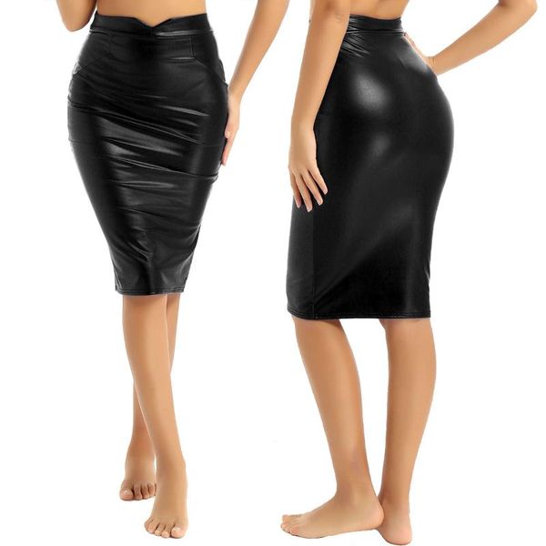 

skirts women's solid color pu leather thin velvet lining high waist knee length casual pencil skirt ladies party bodycon sexy, Black