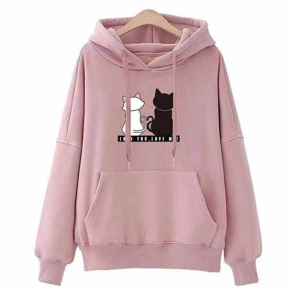 

plus size pullover long sleeve hoodies women autumn cute print pockets street ladies casual loose velvet sweatshirt 210522, Black