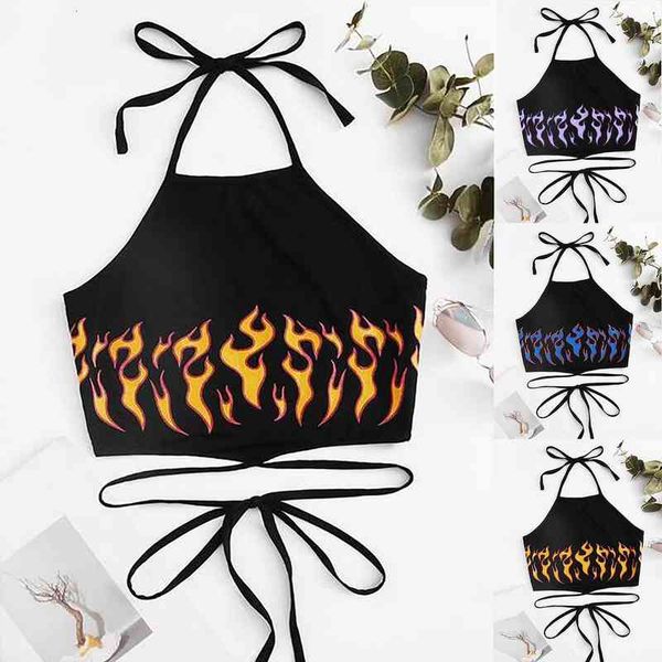 

vest flame print sleeveless women tank pullover short summer fashion casual ladies halter straped camisole sling, White