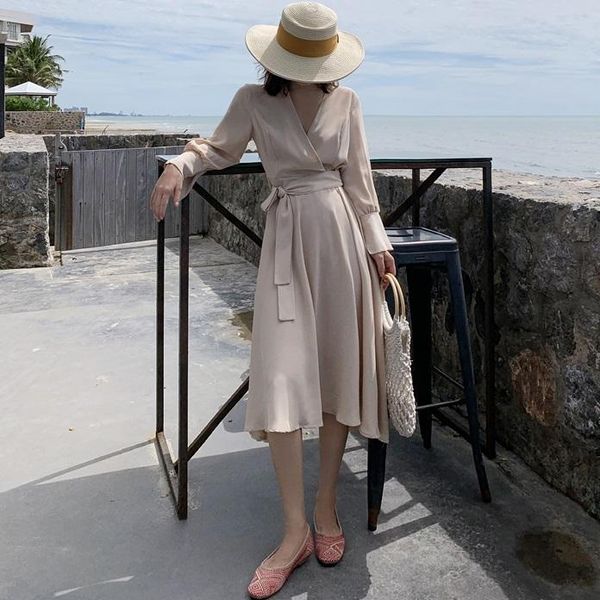 

casual dresses summer dress women long sleeve belt v neck split solid sashes fashion ladies loose maxi tide, Black;gray