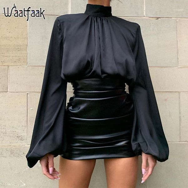 

waatfaak lantern long sleeve casual blouse women white black elegant stain ladies blouses 2021 high neck spring korean 1