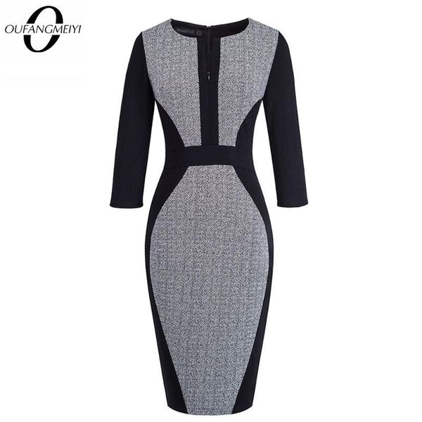 

casual dresses women patchwork front zipper three quarter vintage autumn work business bodycon sheath office lady dress eb409, Black;gray