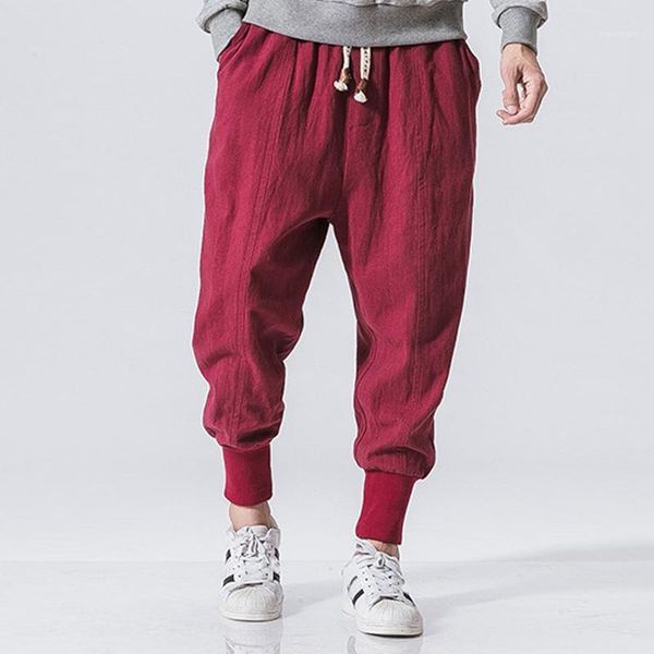 

men's pants wild crotch harem japanese lanterns men casual cotton linen trouser man jogger chinese b, Black