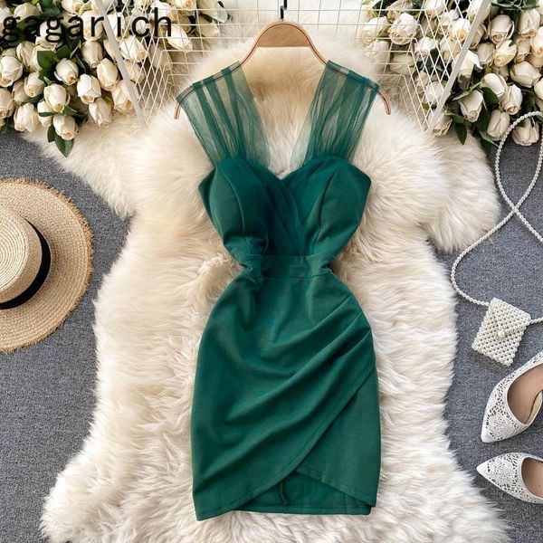 

gagarich chic dresses woman 2021 summer korean ins fashion vintage temperament solid simple mesh stitching pleated vestidos casual, Black;gray