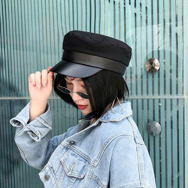 

berets beret femme women hiver black military hats autumn winter fashion wool pu leather caps kepi ear warm peaked cap unisex, Blue;gray