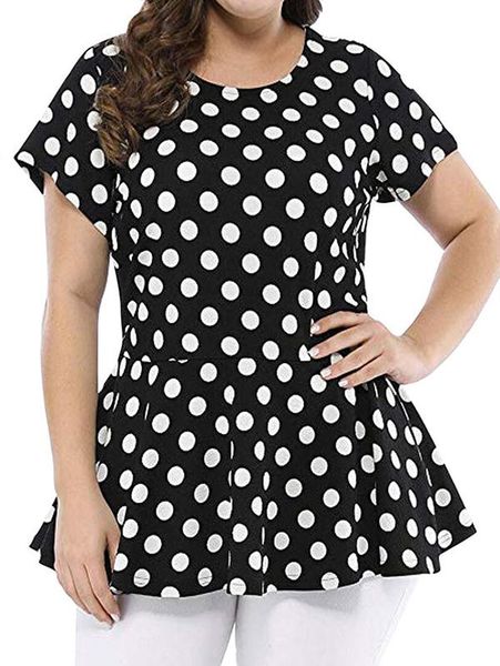 

women's blouses & shirts wipalo polka dot skirted flounces plus size blouse summer round neck short sleeve long women blusas femininas, White