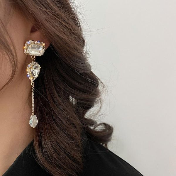 

dangle & chandelier exaggerated bling crystal rhinestone long tassel earrings for women female gold color chain statement pendientes, Silver