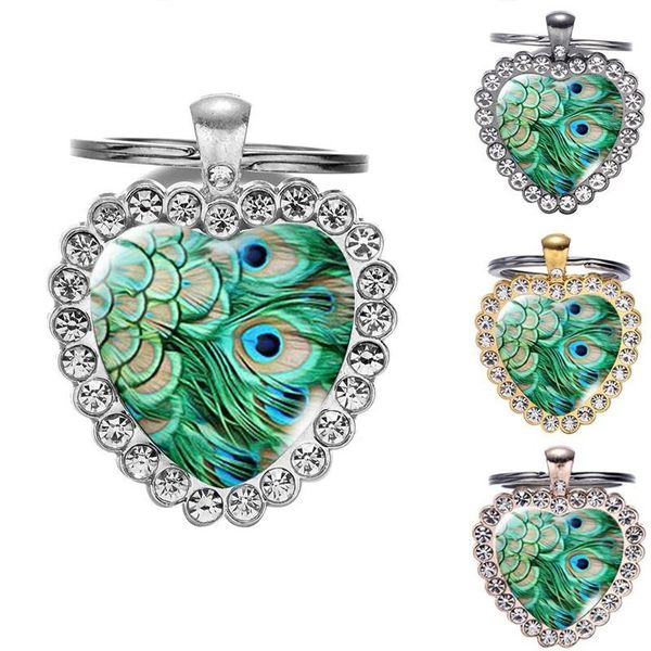 

keychains ethnic green boho peacock feather glass art heart keychain handmade jewelry grade metal key ring holder 4 color choose, Slivery;golden